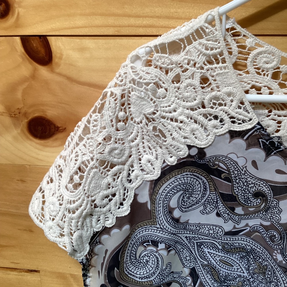 One World Paisley Chiffon Blouse Crochet Lace Shoulder Boho Top Brown Cream PM - Picture 5 of 10
